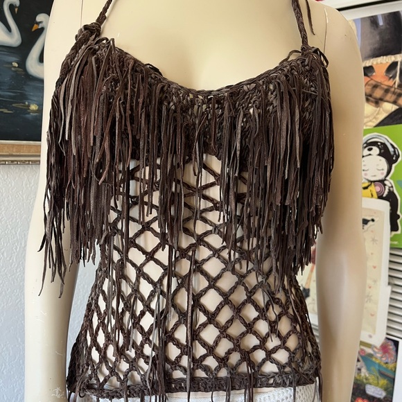 Brown Fringe Leather Halter Top - Picture 3 of 3